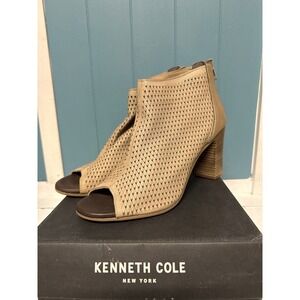 Kenneth Cole NY Nina Taupe Perforated Leather Peep Toe Block Heel Bootie 10